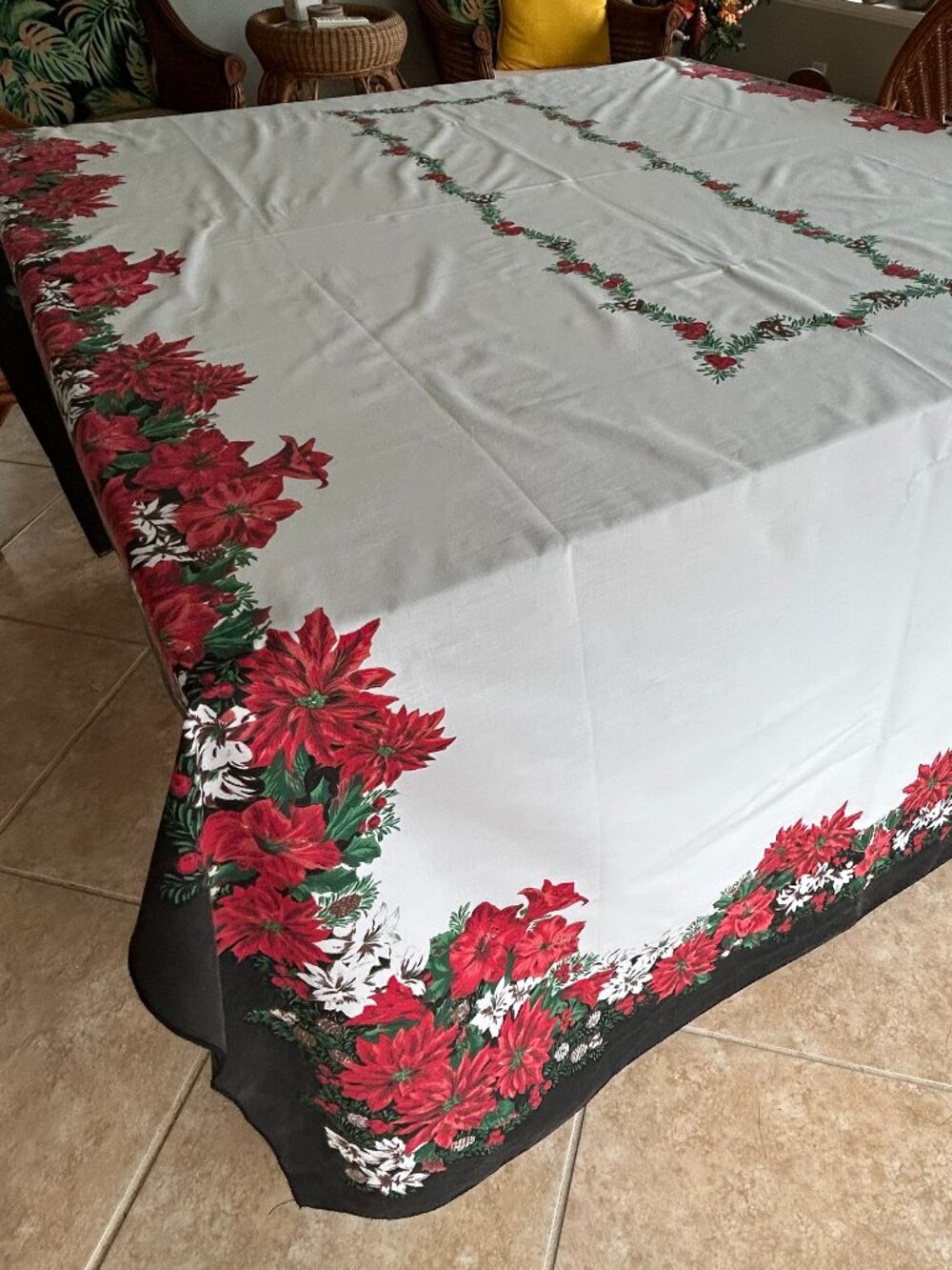 Large Vintage Christmas Poinsettia Tablecloth 60" 104"